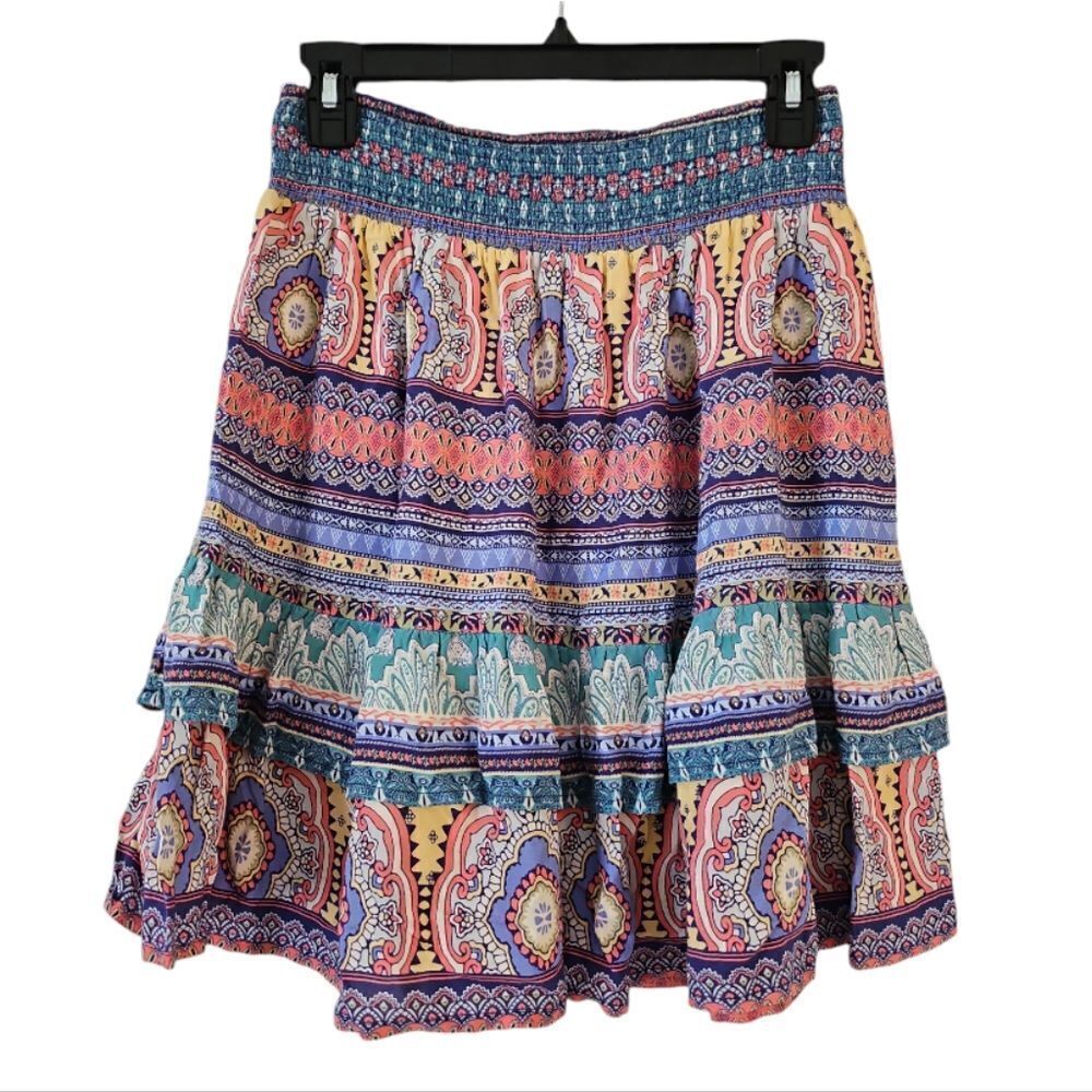 C c California Women Waistband Mini Ruffle Hem Skirt Paisley Print Multi Color S
